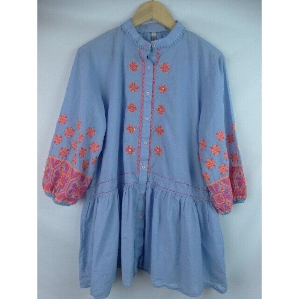 Ethnic by Outfitters Women's Tunic Top Size Small Blue Floral Embroidered Shirt